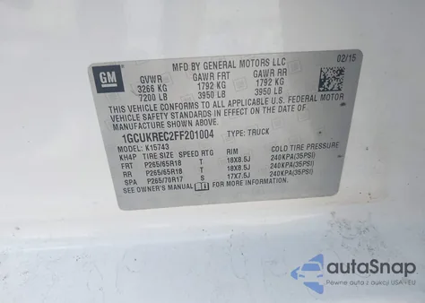 2015 Chevrolet Silverado 1500 2Lt from USA, damaged, VIN 1GCUKREC2FF201004